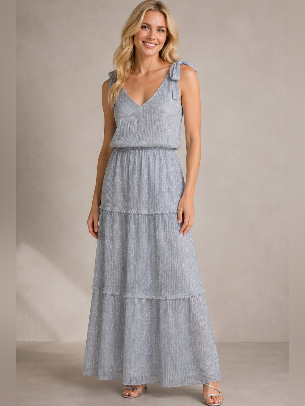 NWT Glamour Nights sz 10 Blue Silver Ruffled Maxi Dress